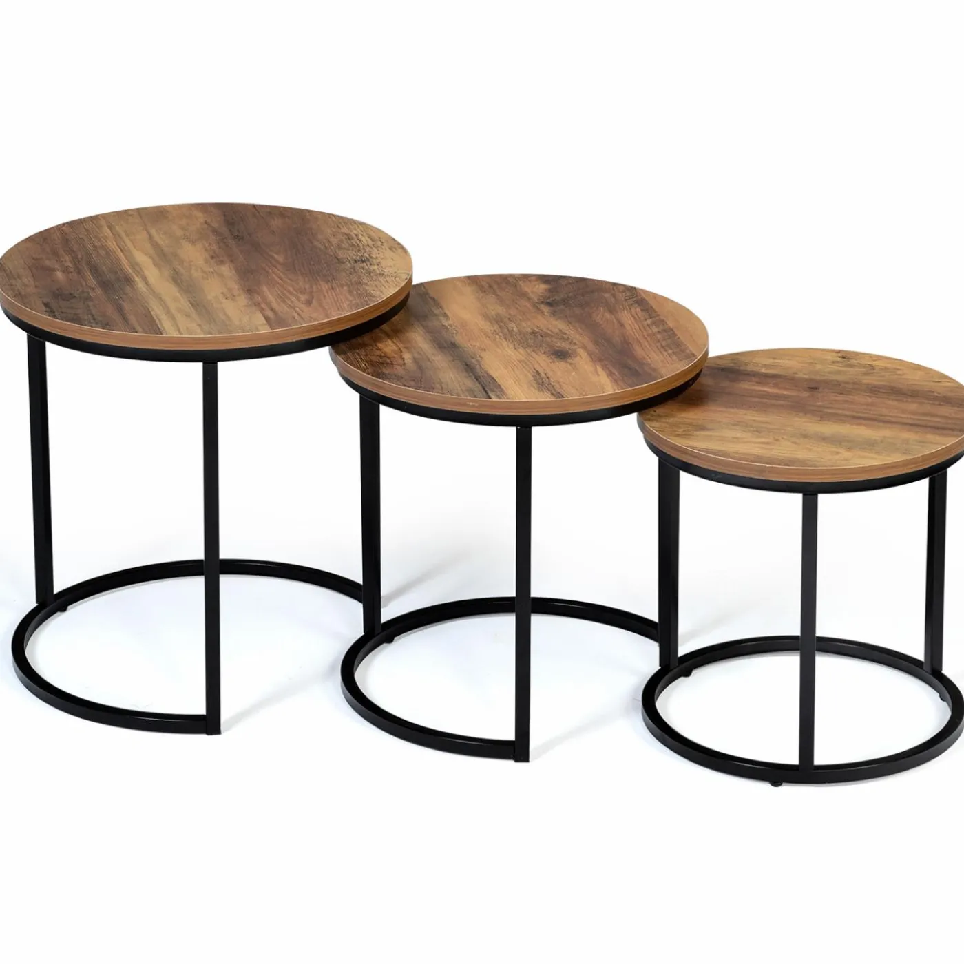 Lot de 3 tables gigognes rondes style industriel bois foncé