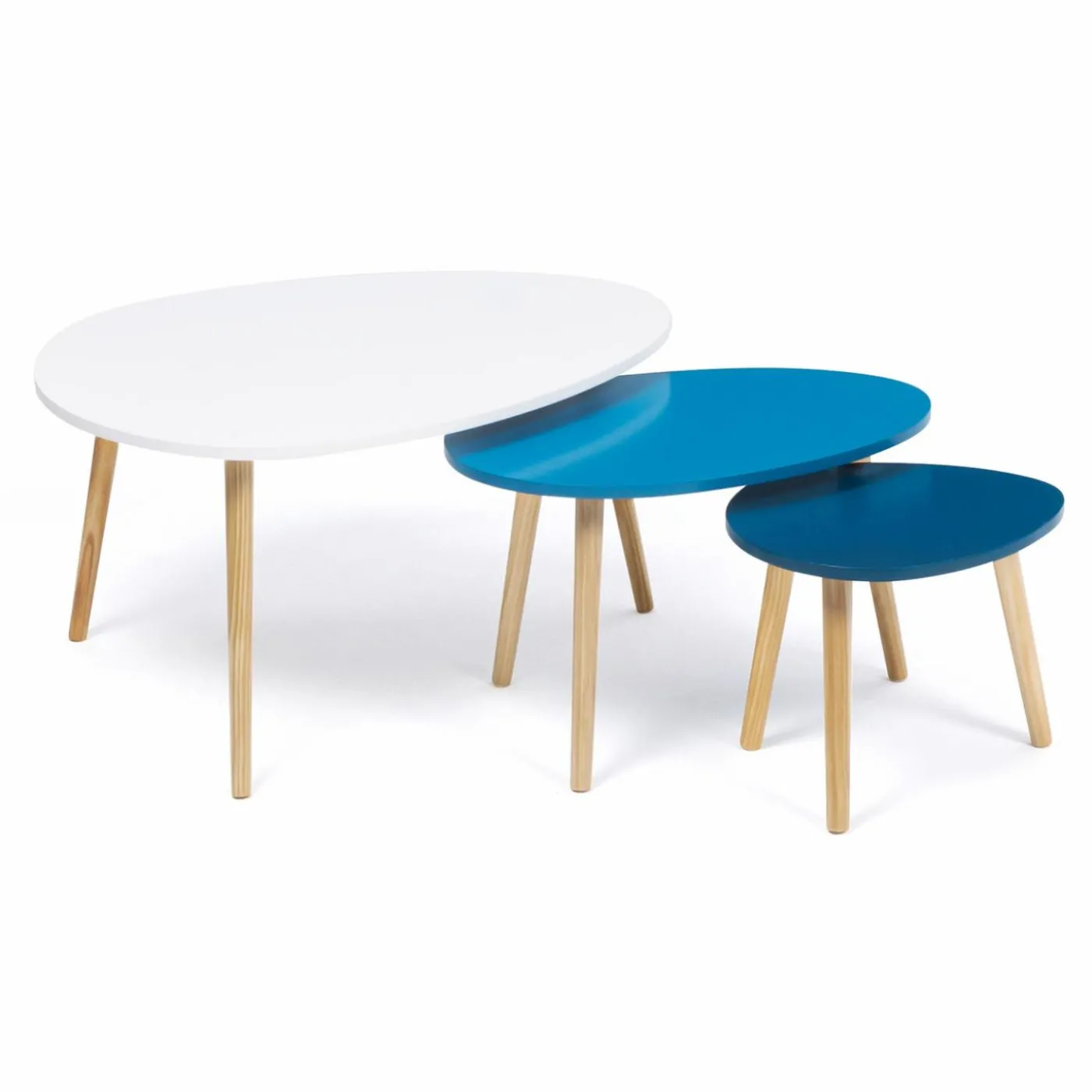 Lot de 3 tables gigognes scandinaves laquées blanc et bleu