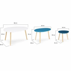 Lot de 3 tables gigognes scandinaves laquées blanc et bleu