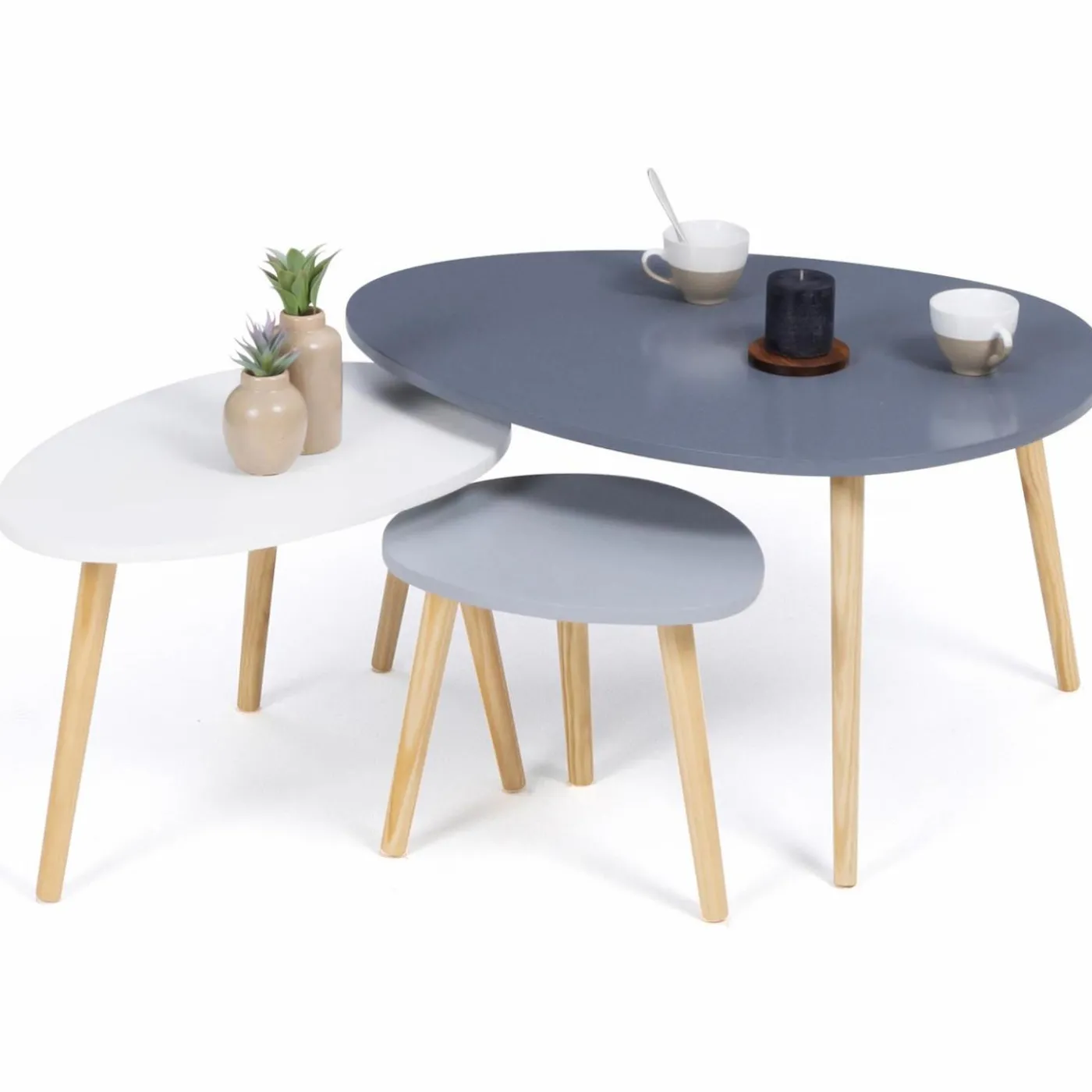 Lot de 3 tables gigognes scandinaves laquées blanche, gris clair et gris foncé