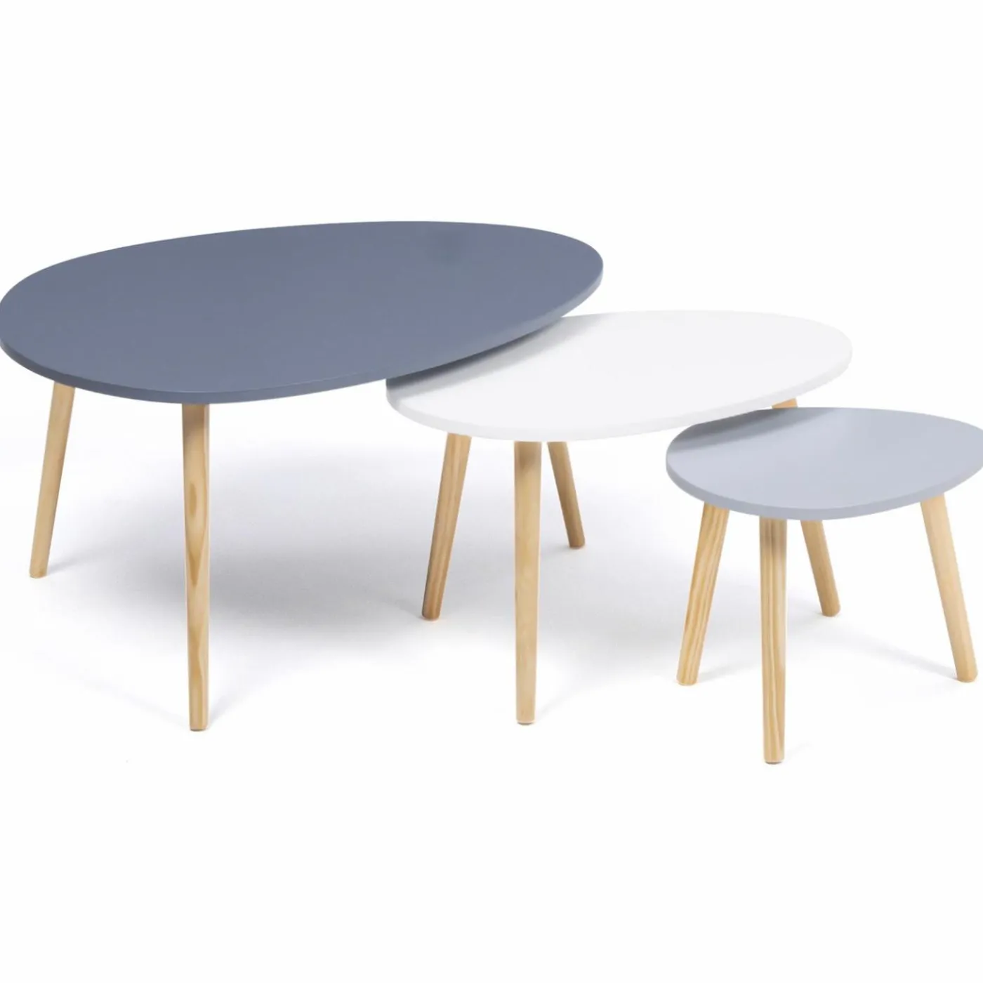 Lot de 3 tables gigognes scandinaves laquées blanche, gris clair et gris foncé