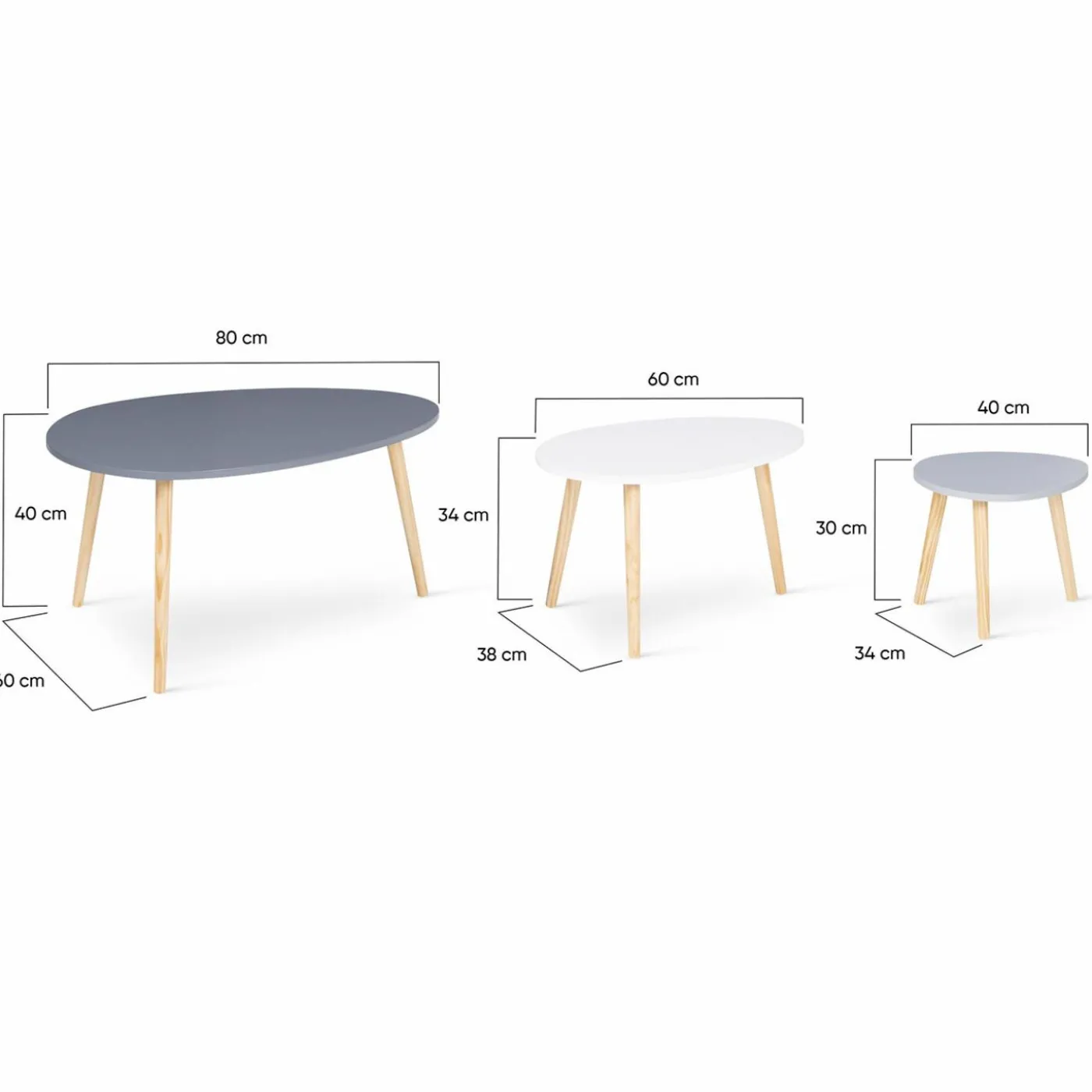Lot de 3 tables gigognes scandinaves laquées blanche, gris clair et gris foncé