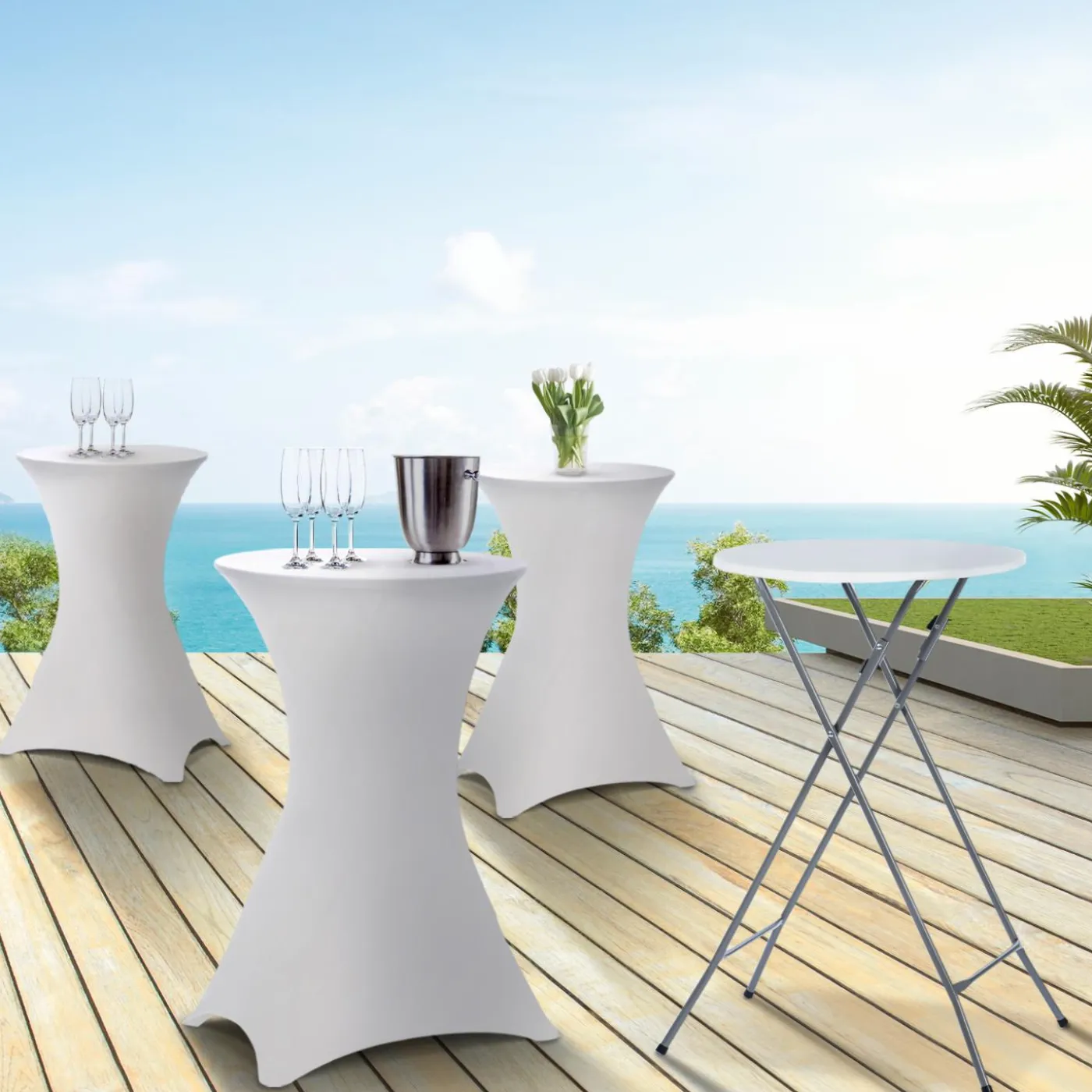 Lot de 4 tables hautes pliantes d’extérieur + housses blanches