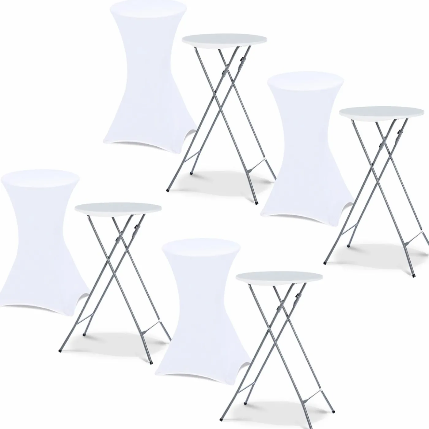 Lot de 4 tables hautes pliantes d’extérieur + housses blanches