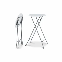 Lot de 4 tables hautes pliantes d’extérieur + housses blanches