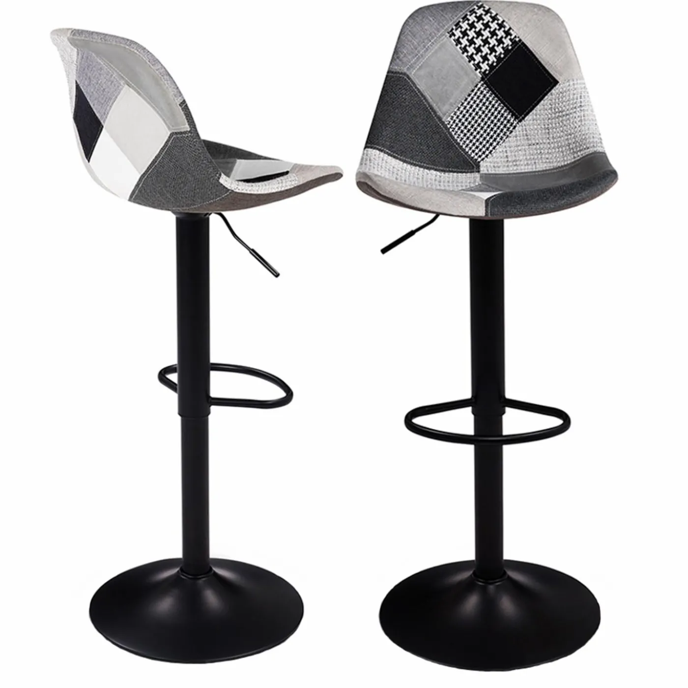 Lot de 2 tabourets de bar noirs réglables patchworks noirs, gris et blancs