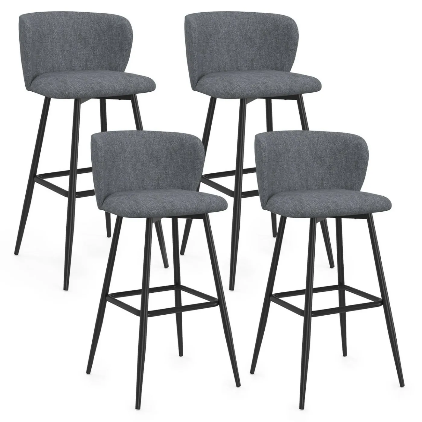 Lot de 4 tabourets de bar assise en tissu gris foncé et pieds en métal noir