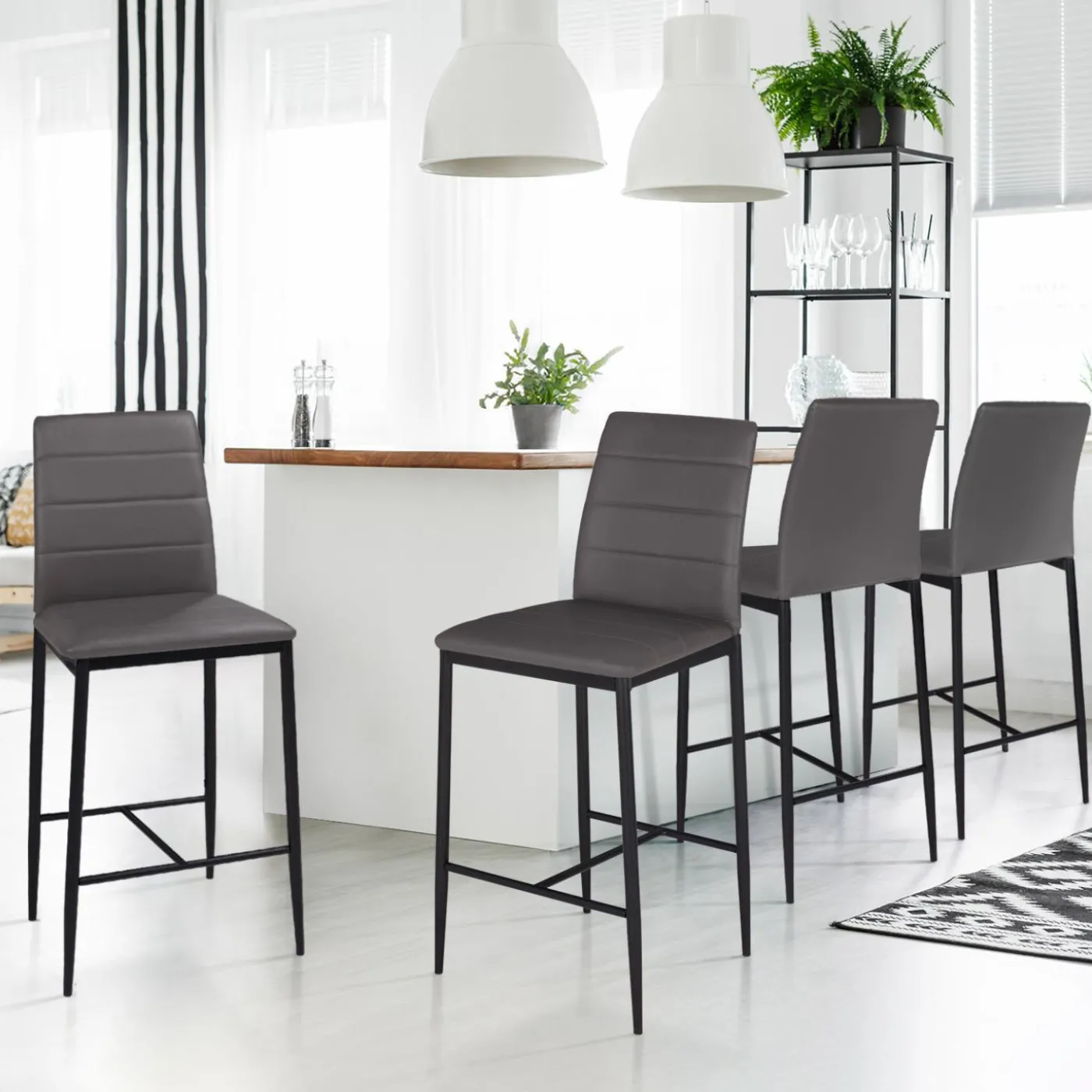 Lot de 4 tabourets de bar en PVC gris rembourrés