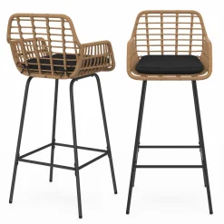 Lot de 2 tabourets de bar avec accoudoirs effet rotin beige pieds métal noir