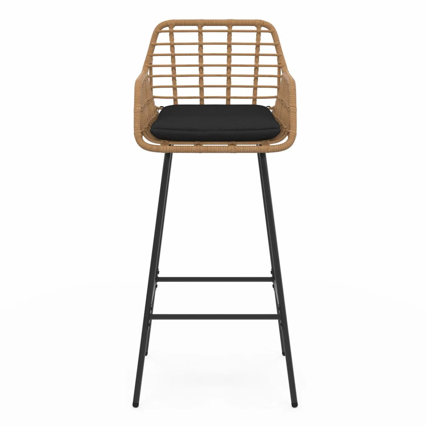 Lot de 2 tabourets de bar avec accoudoirs effet rotin beige pieds métal noir