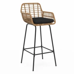 Lot de 2 tabourets de bar avec accoudoirs effet rotin beige pieds métal noir