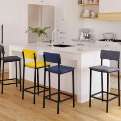 Lot de 4 tabourets de bar en velours et métal mix color : bleu, gris et jaune
