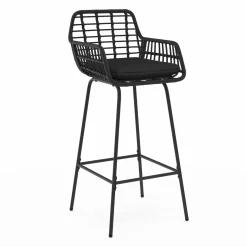 Lot de 2 tabourets de bar avec accoudoirs noir effet rotin pieds métal noir