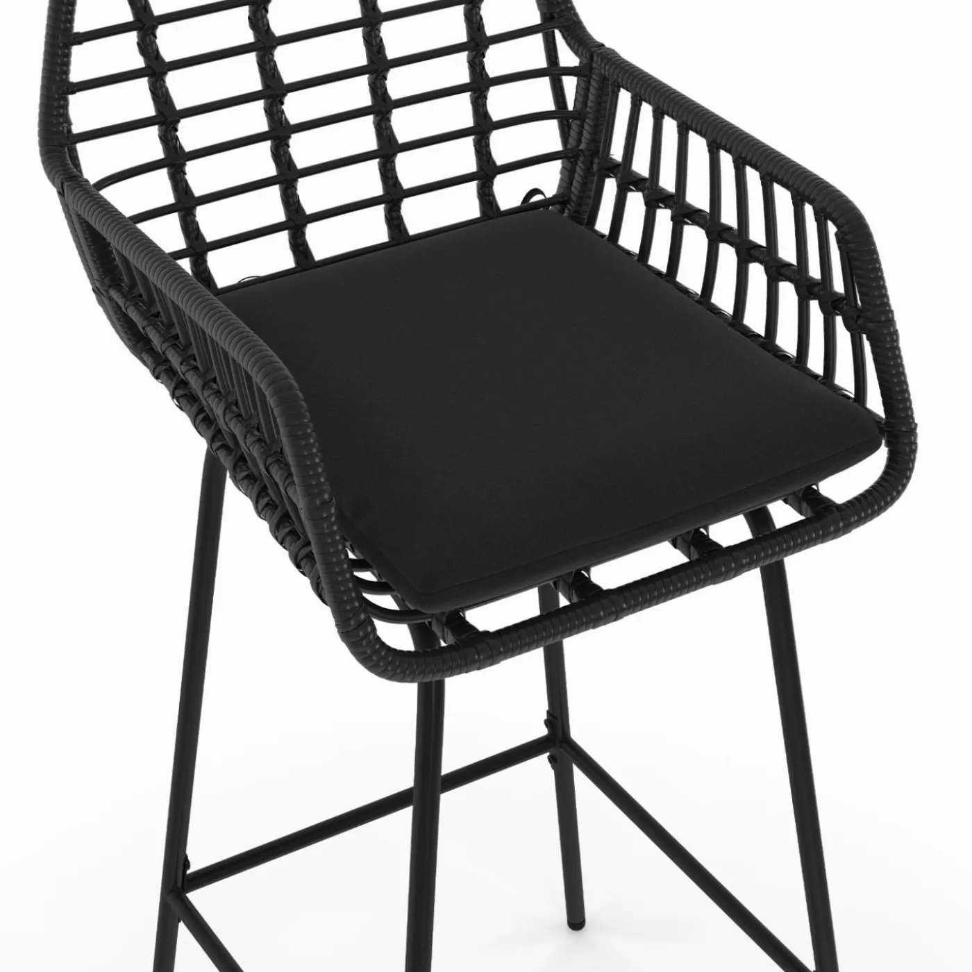 Lot de 2 tabourets de bar avec accoudoirs noir effet rotin pieds métal noir