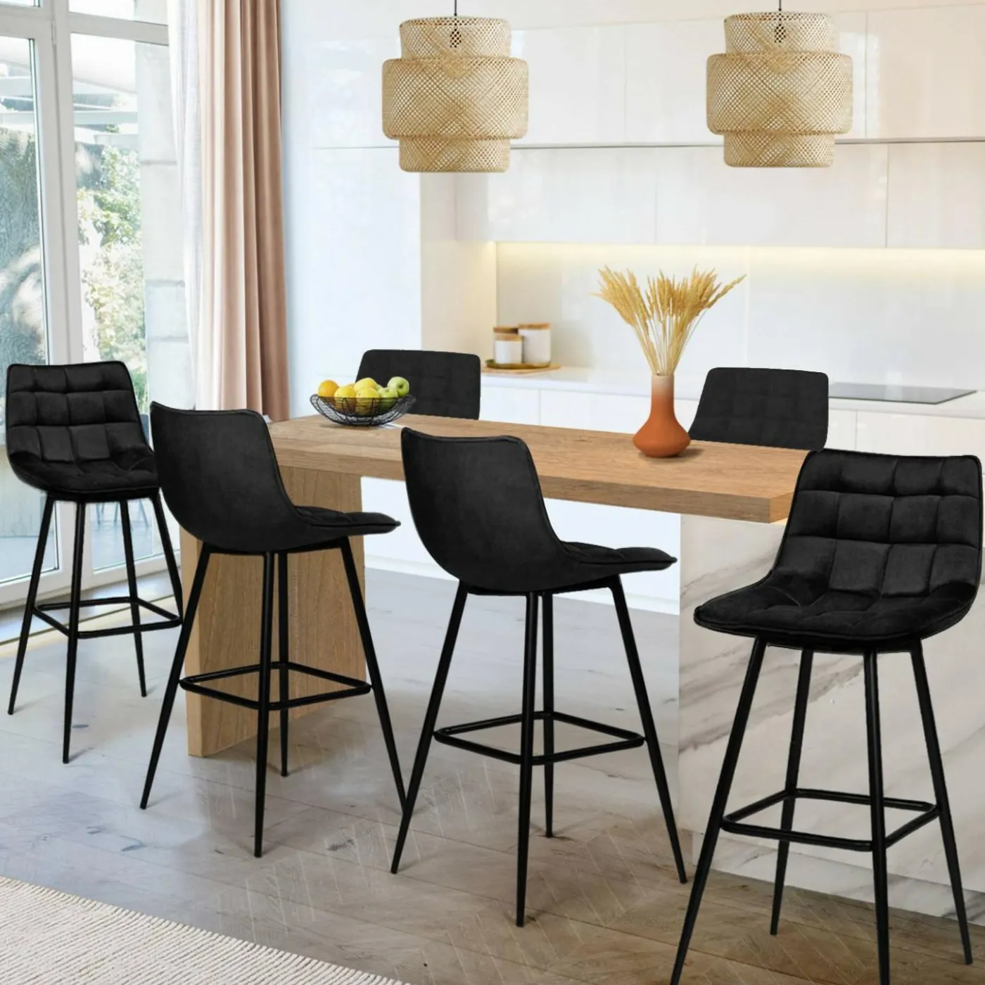 Lot de 6 tabourets de bar en velours noir
