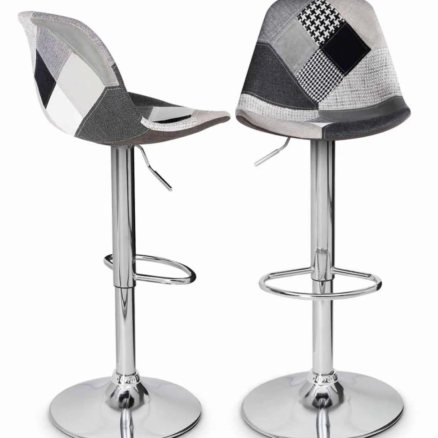 Lot de 2 tabourets de bar design pied chromé assise patchwork noir, gris et blanc