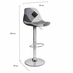 Lot de 2 tabourets de bar design pied chromé assise patchwork noir, gris et blanc