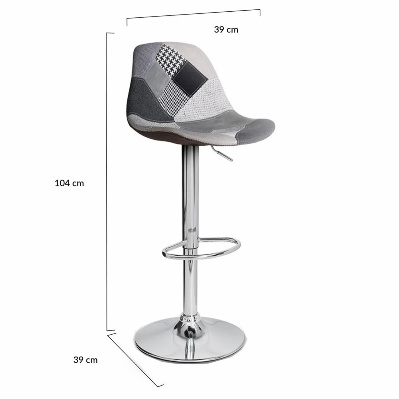 Lot de 2 tabourets de bar design pied chromé assise patchwork noir, gris et blanc