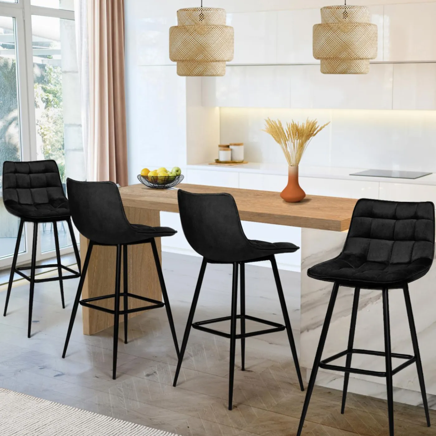 Lot de 4 tabourets de bar en velours noir
