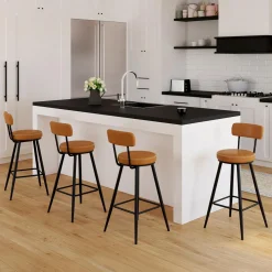 Lot de 4 tabourets de bar effet cuir marron et pieds métal
