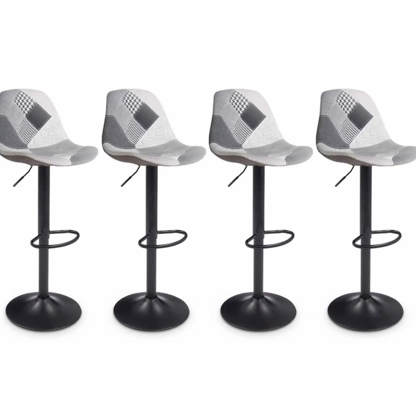 Lot de 4 tabourets de bar design patchworks noir, gris et blanc