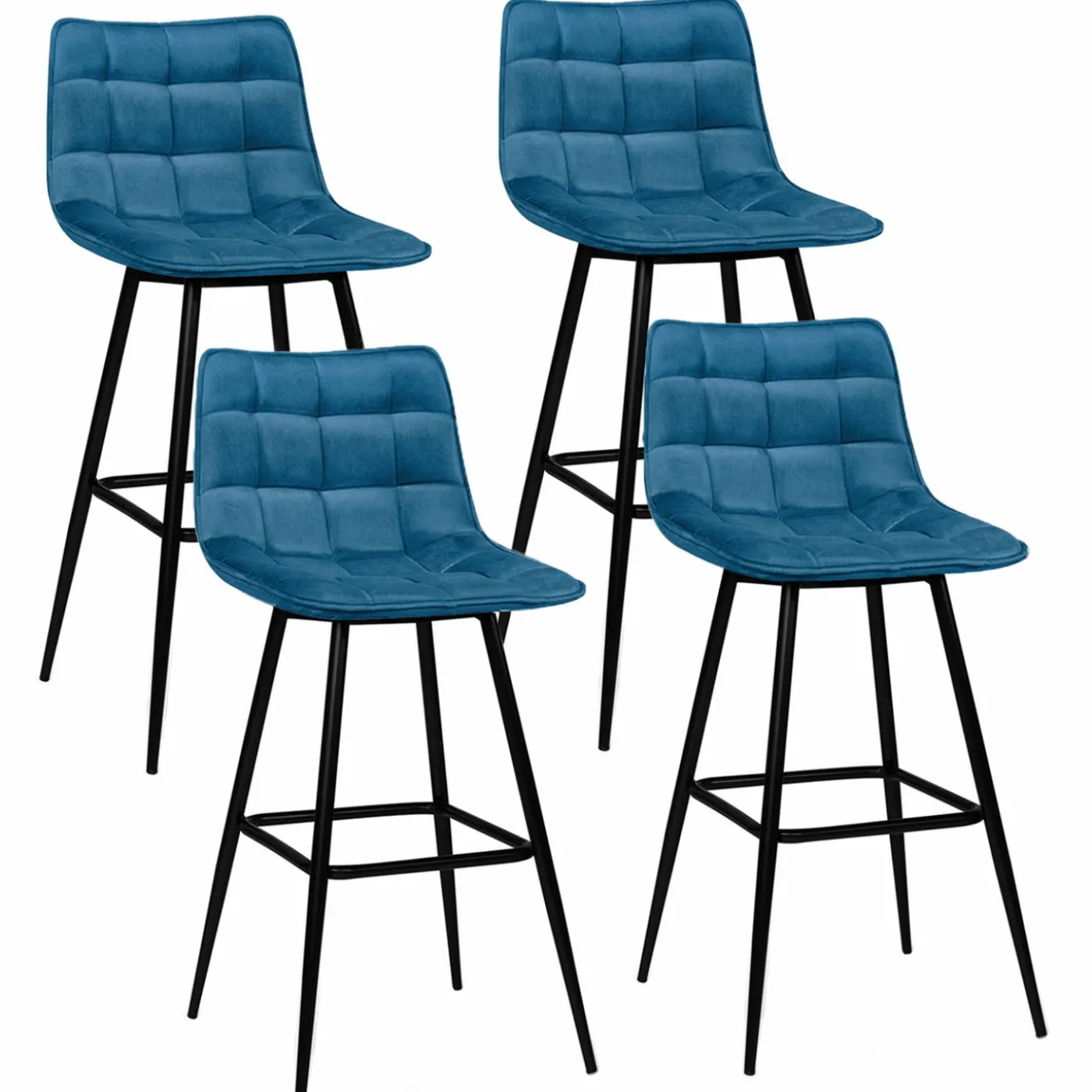 Lot de 4 tabourets en velours bleu canard matelassé