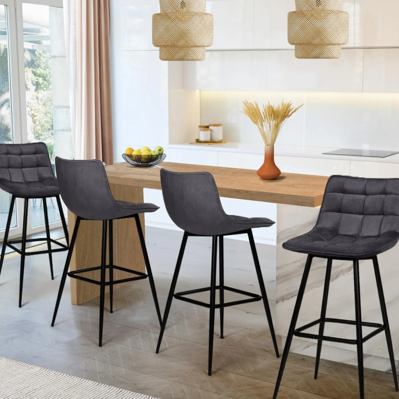 Lot de 4 tabourets en velours gris matelassé