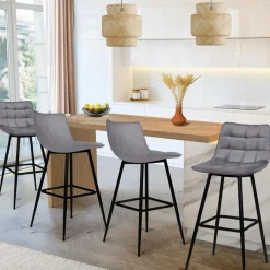 Lot de 4 tabourets gris clair en velours matelassé