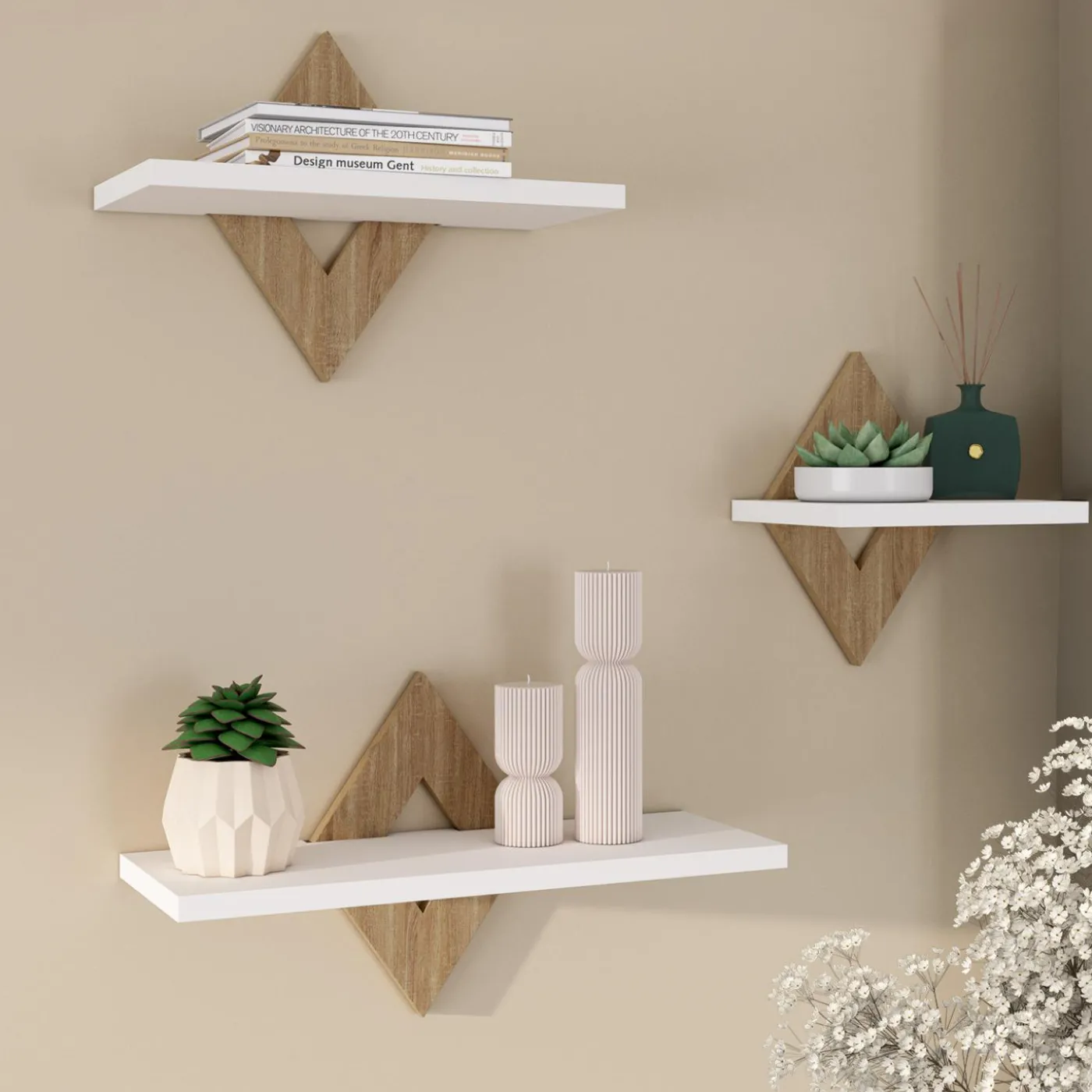Lot de 3 étagères murales couleur hêtre et blanc