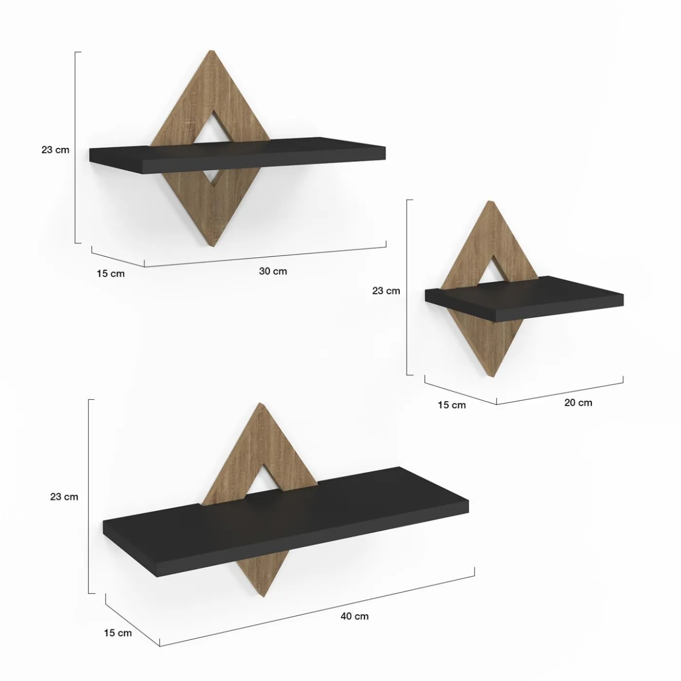 Lot de 3 étagères murales couleur hêtre et noir