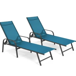 Lot de 2 transats de jardin inclinables toile bleu canard et acier gris anthracite