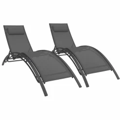 Lot de 2 transats de jardin inclinables en acier avec coussin et toile gris anthracite
