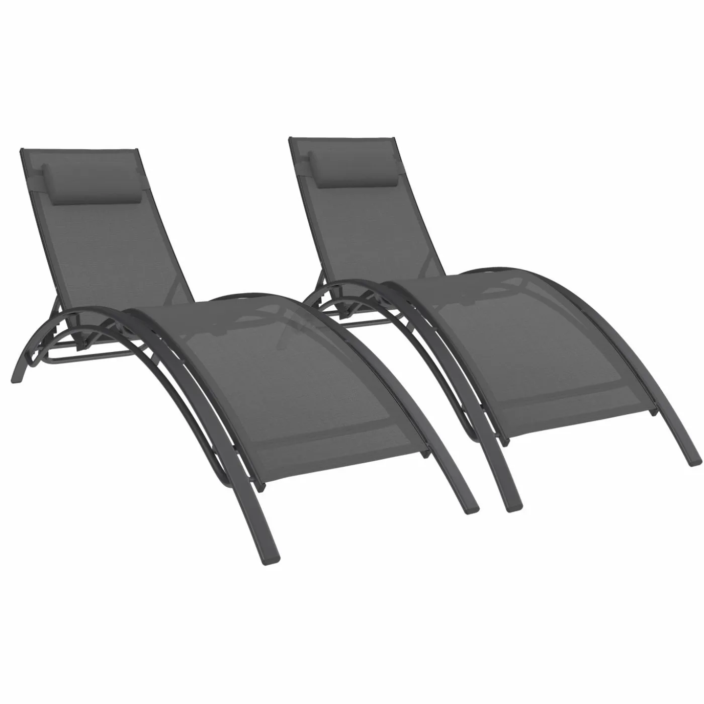 Lot de 2 transats de jardin inclinables en acier avec coussin et toile gris anthracite