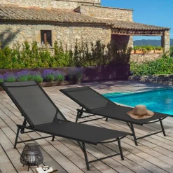 Lot de 2 transats de jardin inclinables toile et acier noir