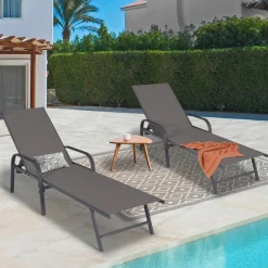 Lot de 2 transats inclinables pour jardin en acier gris et toile grise