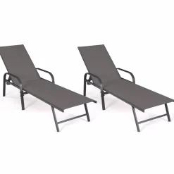 Lot de 2 transats inclinables pour jardin en acier gris et toile grise