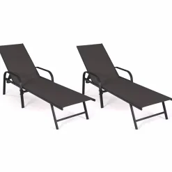 Lot de 2 transats inclinables pour jardin en acier noir et toile grise