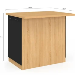 Îlot de cuisine imitation hêtre avec 4 portes noires 100 cm