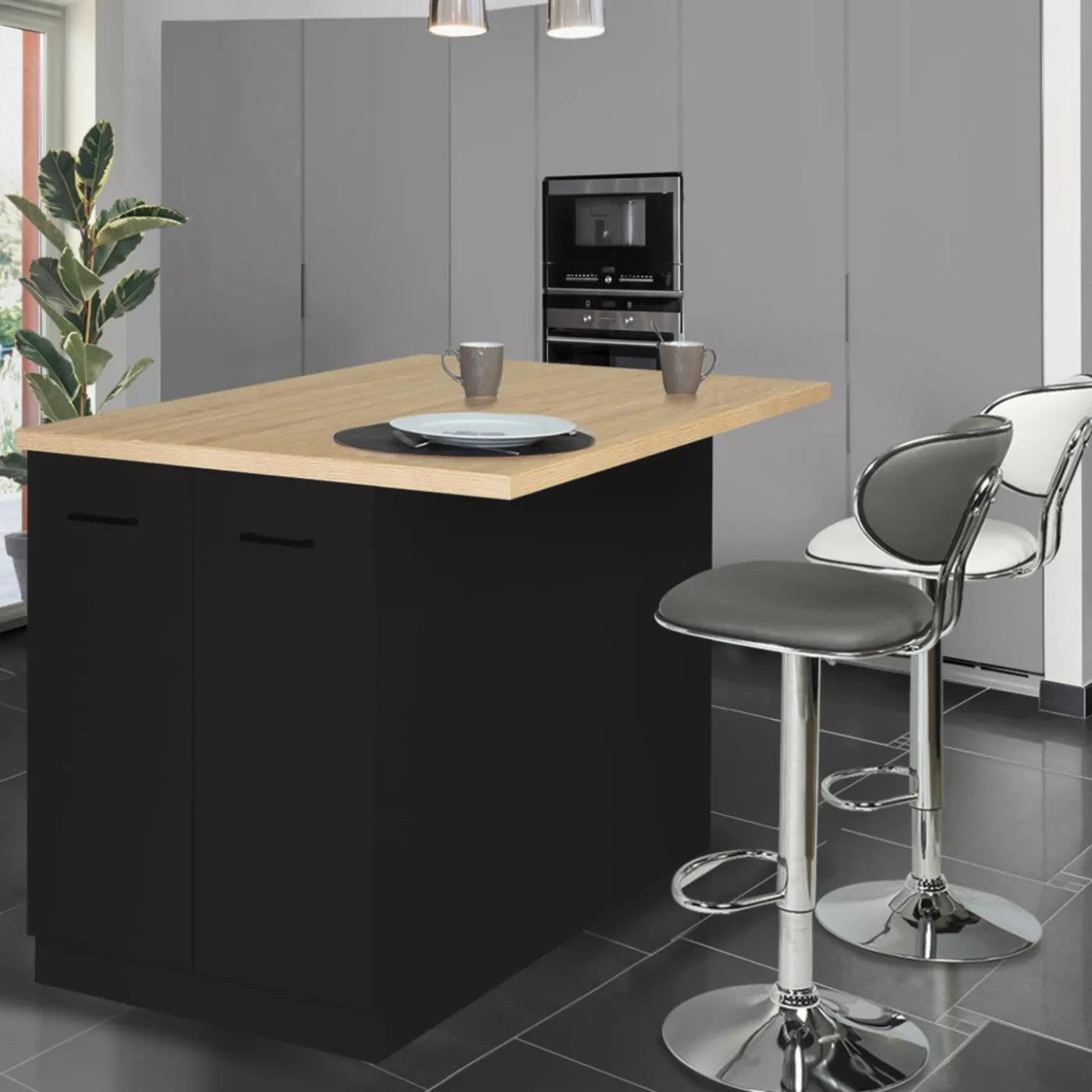 Îlot de cuisine noir et plateau façon hêtre 120 cm
