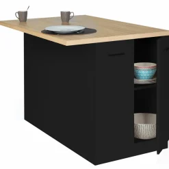 Îlot de cuisine noir et plateau façon hêtre 120 cm