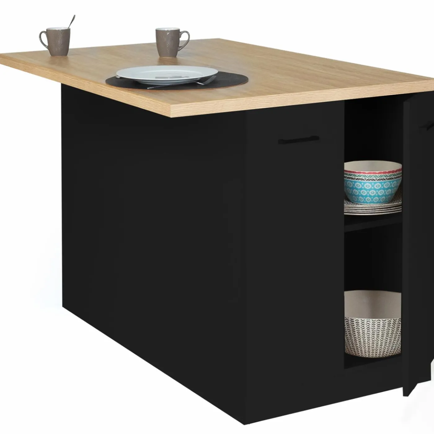 Îlot de cuisine noir et plateau façon hêtre 120 cm