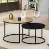 Lots de 2 tables basses rondes gigognes noir et bois industrielles