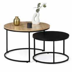 Lots de 2 tables basses rondes gigognes noir et bois industrielles