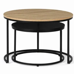 Lots de 2 tables basses rondes gigognes noir et bois industrielles