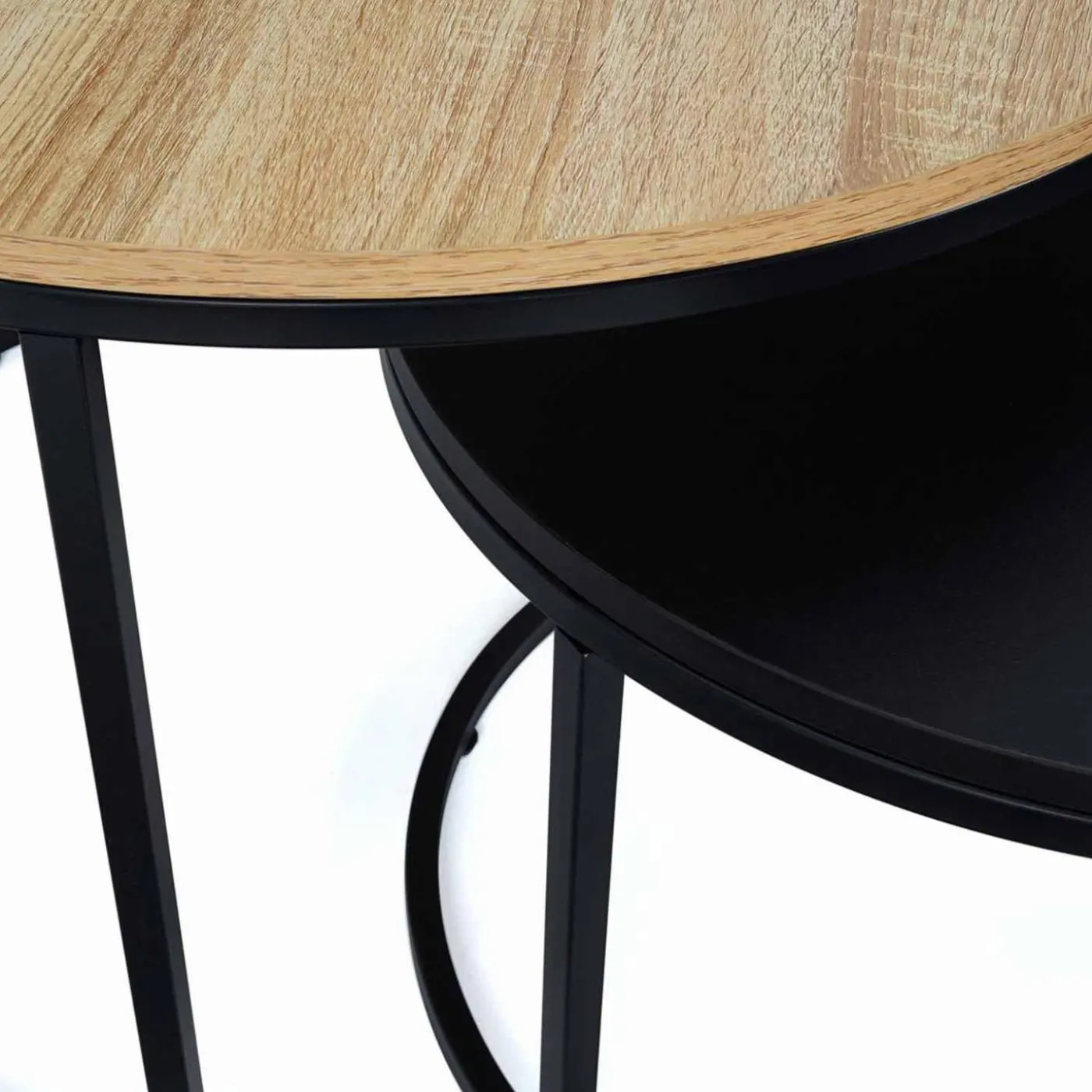 Lots de 2 tables basses rondes gigognes noir et bois industrielles