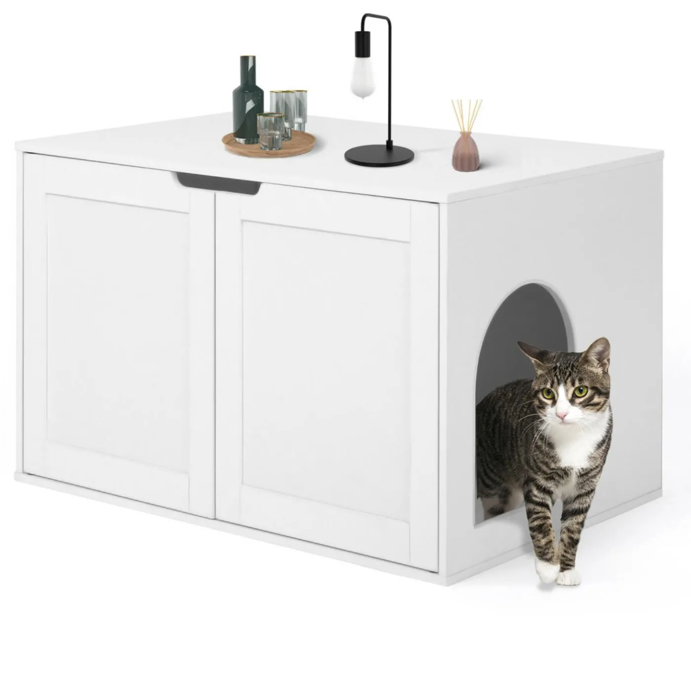 Maison de toilette pour chat - cache-litière avec doubles portes blanc