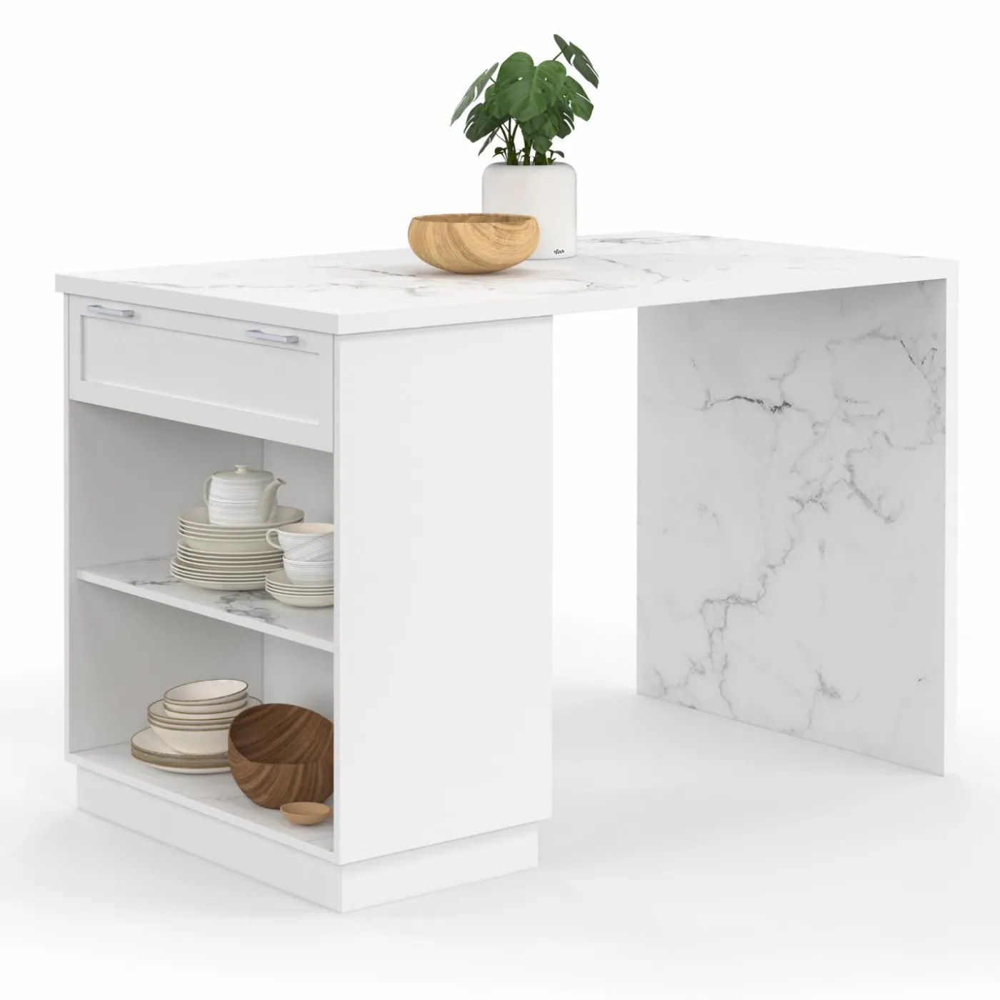 Mange-debout 4 personnes ilot central blanc et plateau marbre 130 cm