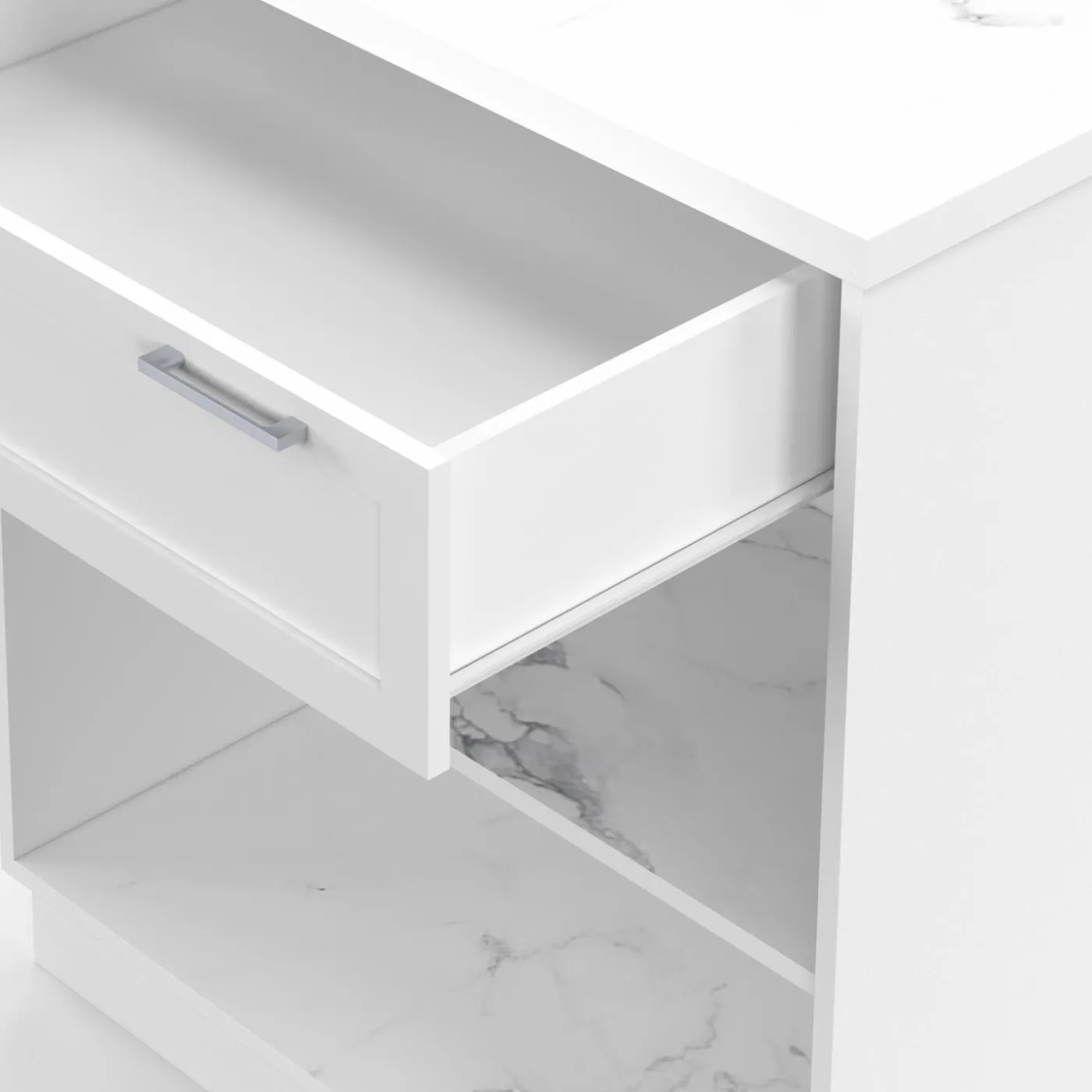 Mange-debout 4 personnes ilot central blanc et plateau marbre 130 cm