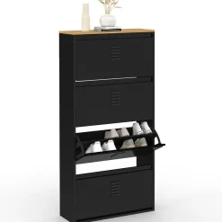 Meuble à chaussures 24 paires 4 portes métal noir et plateau bois design industriel
