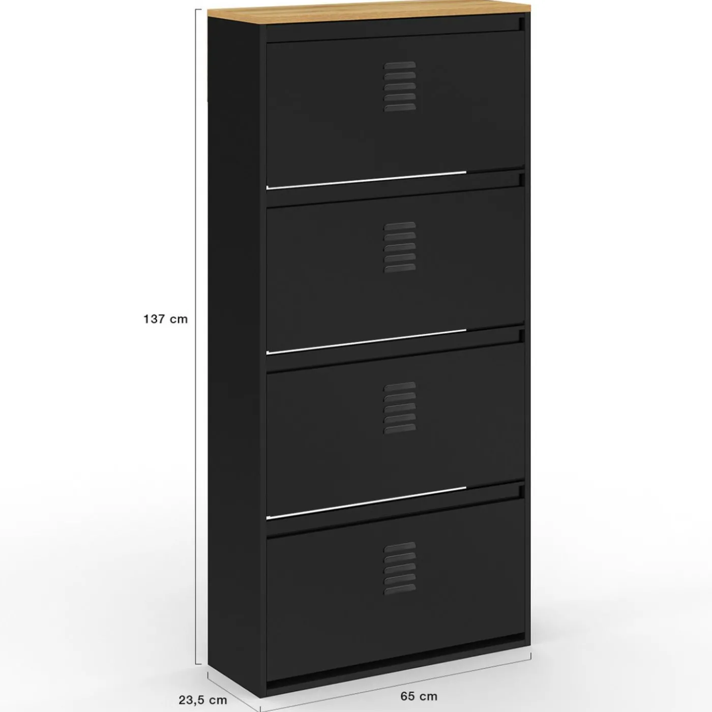 Meuble à chaussures 24 paires 4 portes métal noir et plateau bois design industriel